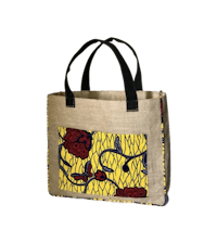 a jute shopping bag with an african print