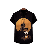 a black t - shirt with an image of a man holding a child