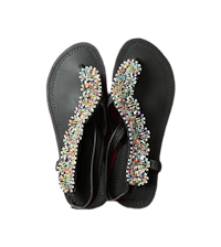 a pair of black flip flops with multi colored beading