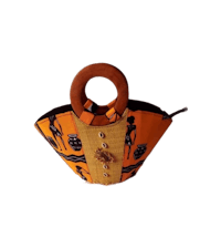 an orange and black handbag with a wooden handle